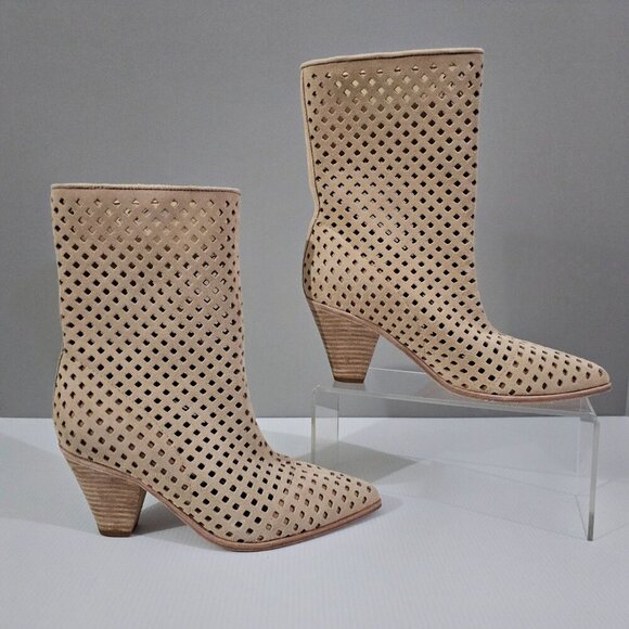 NEW Paige Layla Mid Calf Boot Womens 7 Tan Suede Perforated Pointed Toe Heeled - Picture 3 of 12